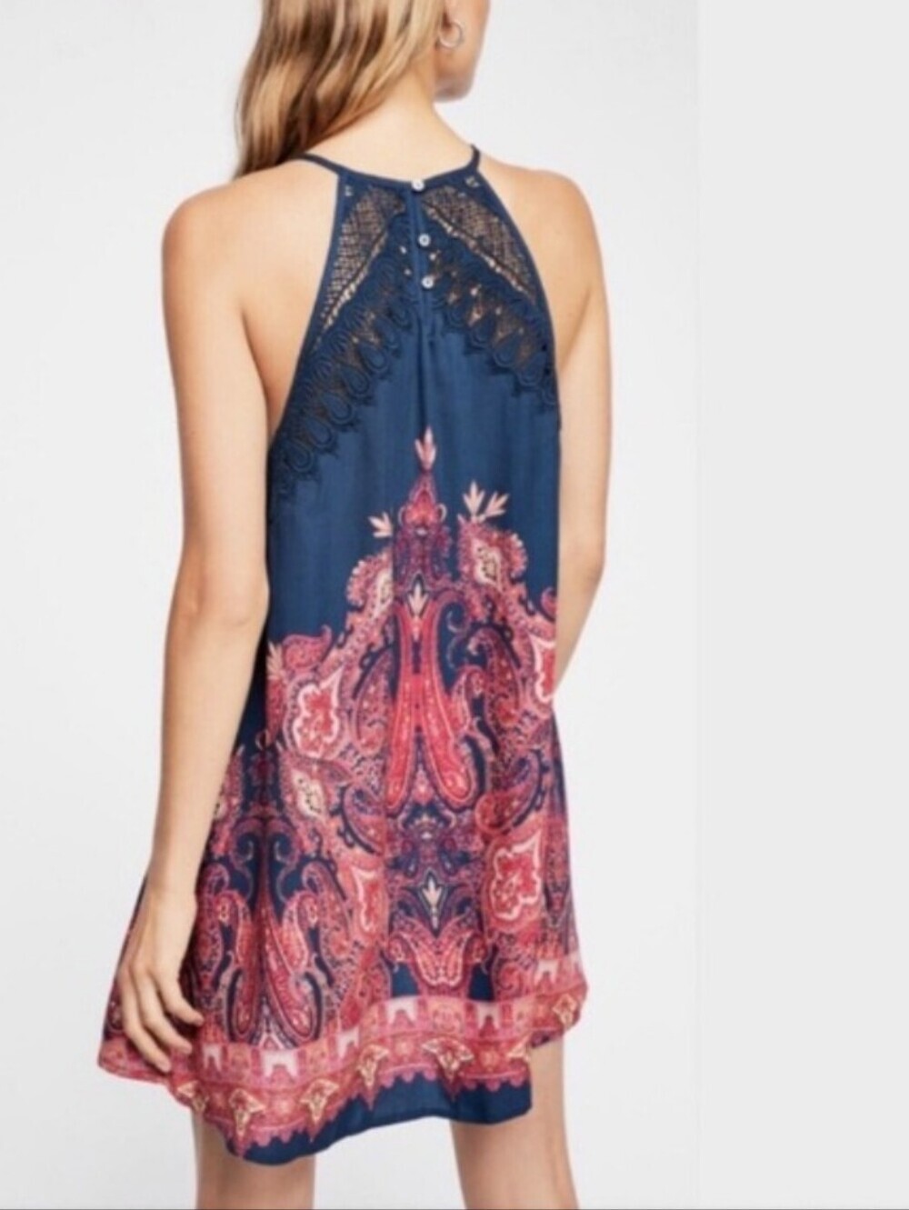 Free People Shea Printed Mini Dress Navy Blue Pink XS - Picture 2 of 9